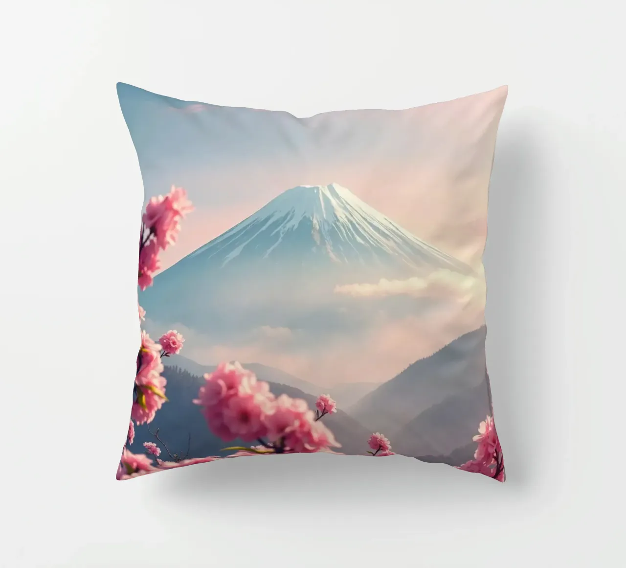 Il Monte Fuji in Giappone con i ciliegi in fiore cuscino da RB-Digital-Paintings