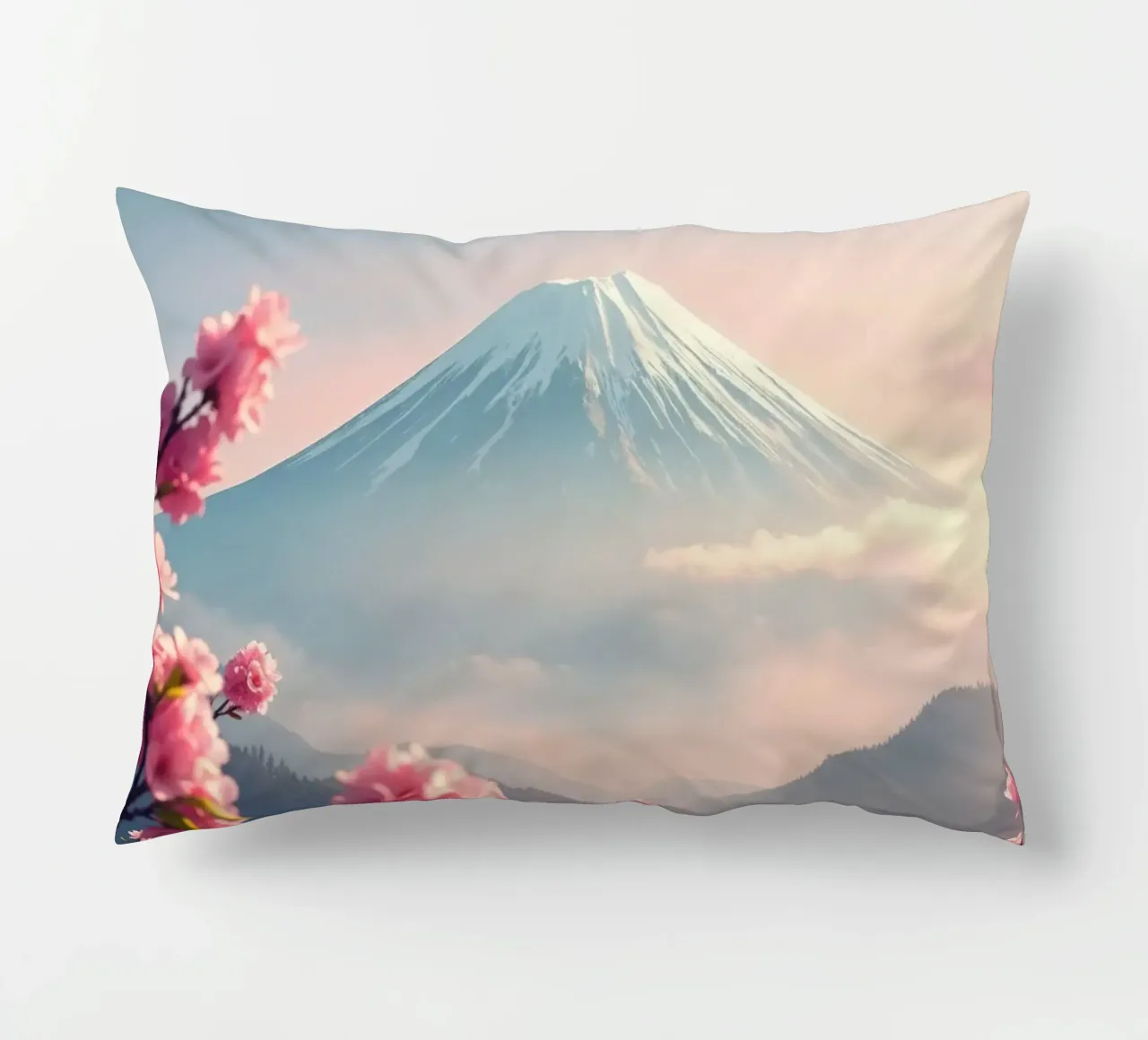 Il Monte Fuji in Giappone con i ciliegi in fiore cuscino da RB-Digital-Paintings