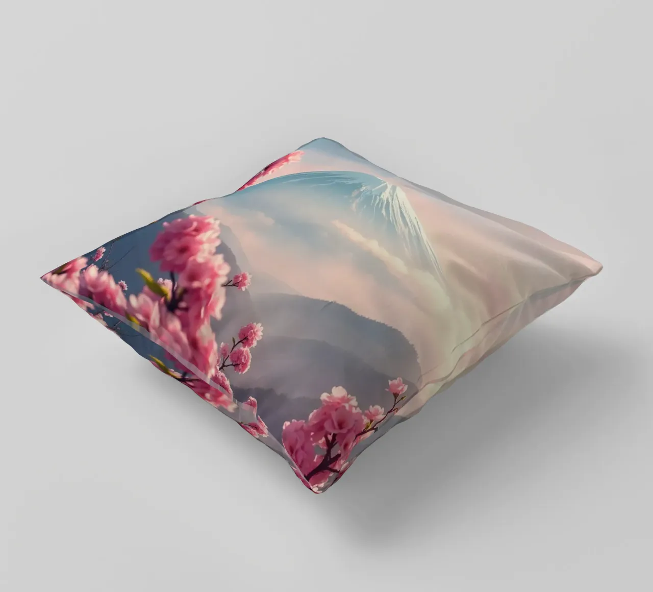 Il Monte Fuji in Giappone con i ciliegi in fiore cuscino da RB-Digital-Paintings