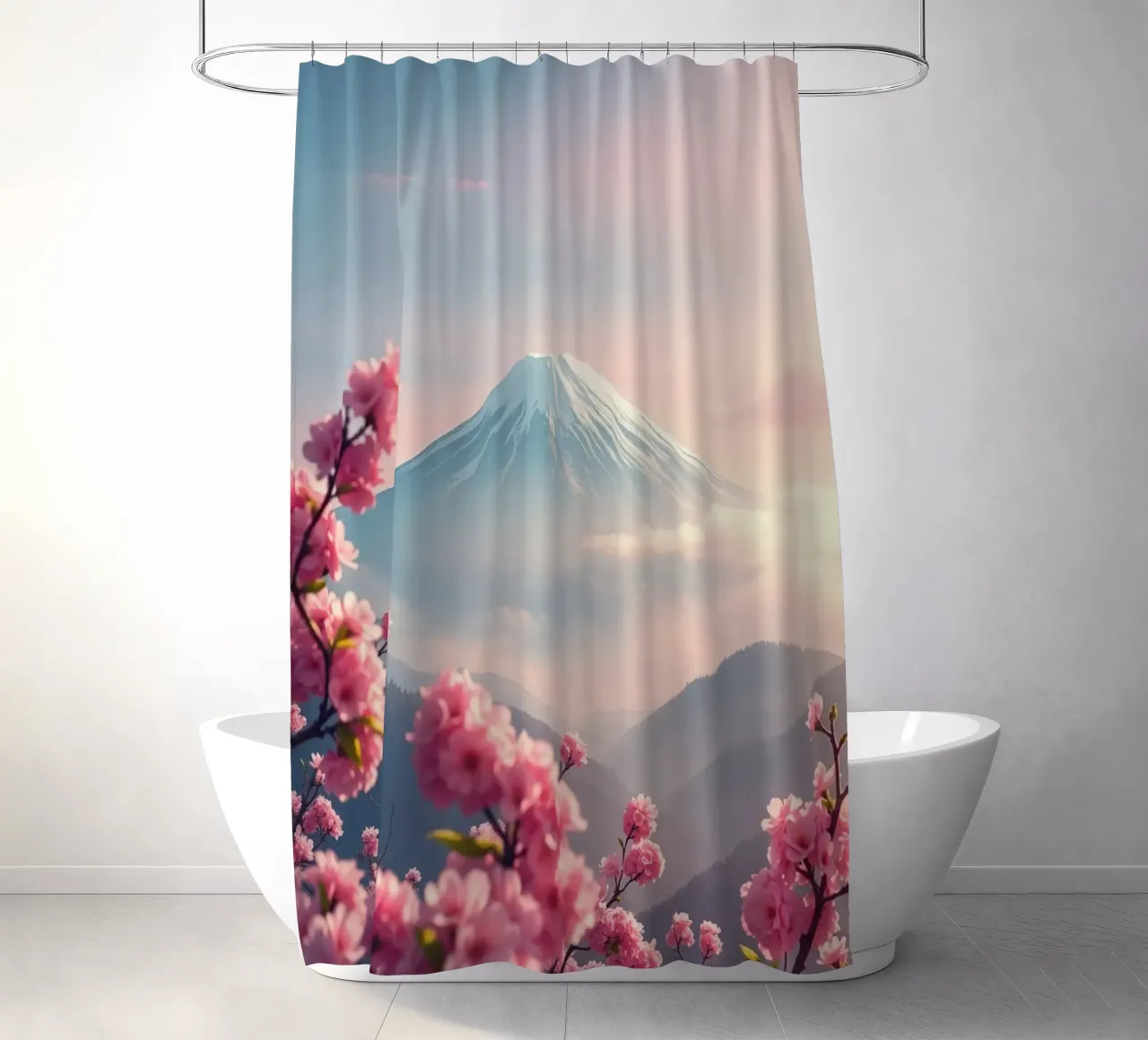 Il Monte Fuji in Giappone con i ciliegi in fiore tenda da doccia da RB-Digital-Paintings