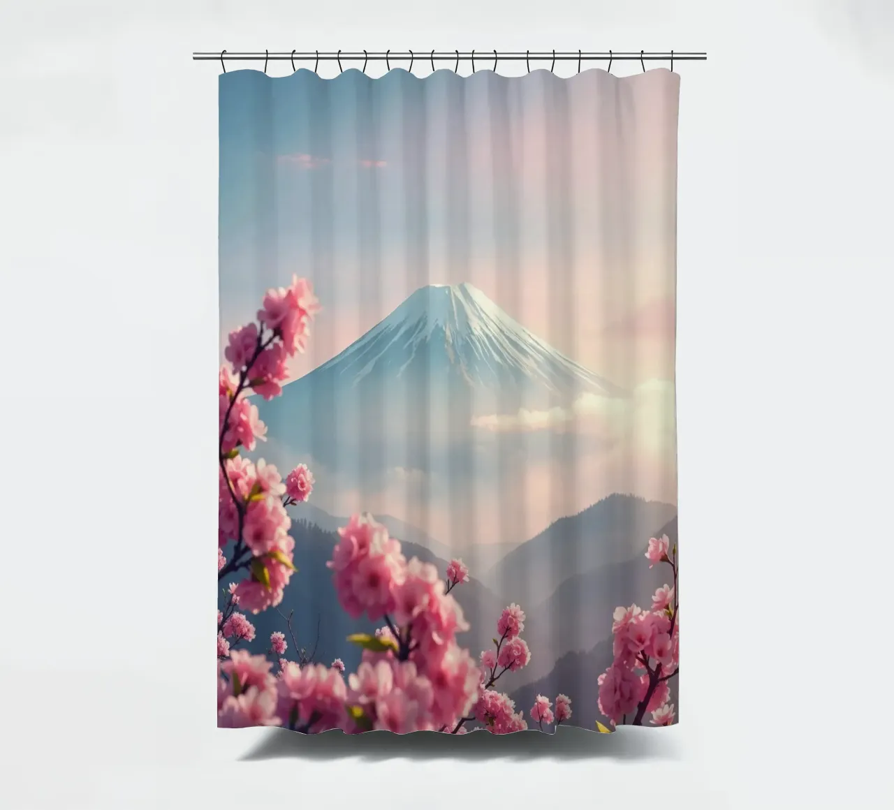 Il Monte Fuji in Giappone con i ciliegi in fiore tenda da doccia da RB-Digital-Paintings