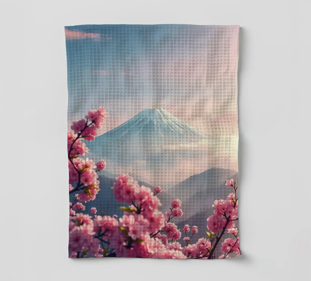 Il Monte Fuji in Giappone con i ciliegi in fiore canovaccio da cucina da RB-Digital-Paintings