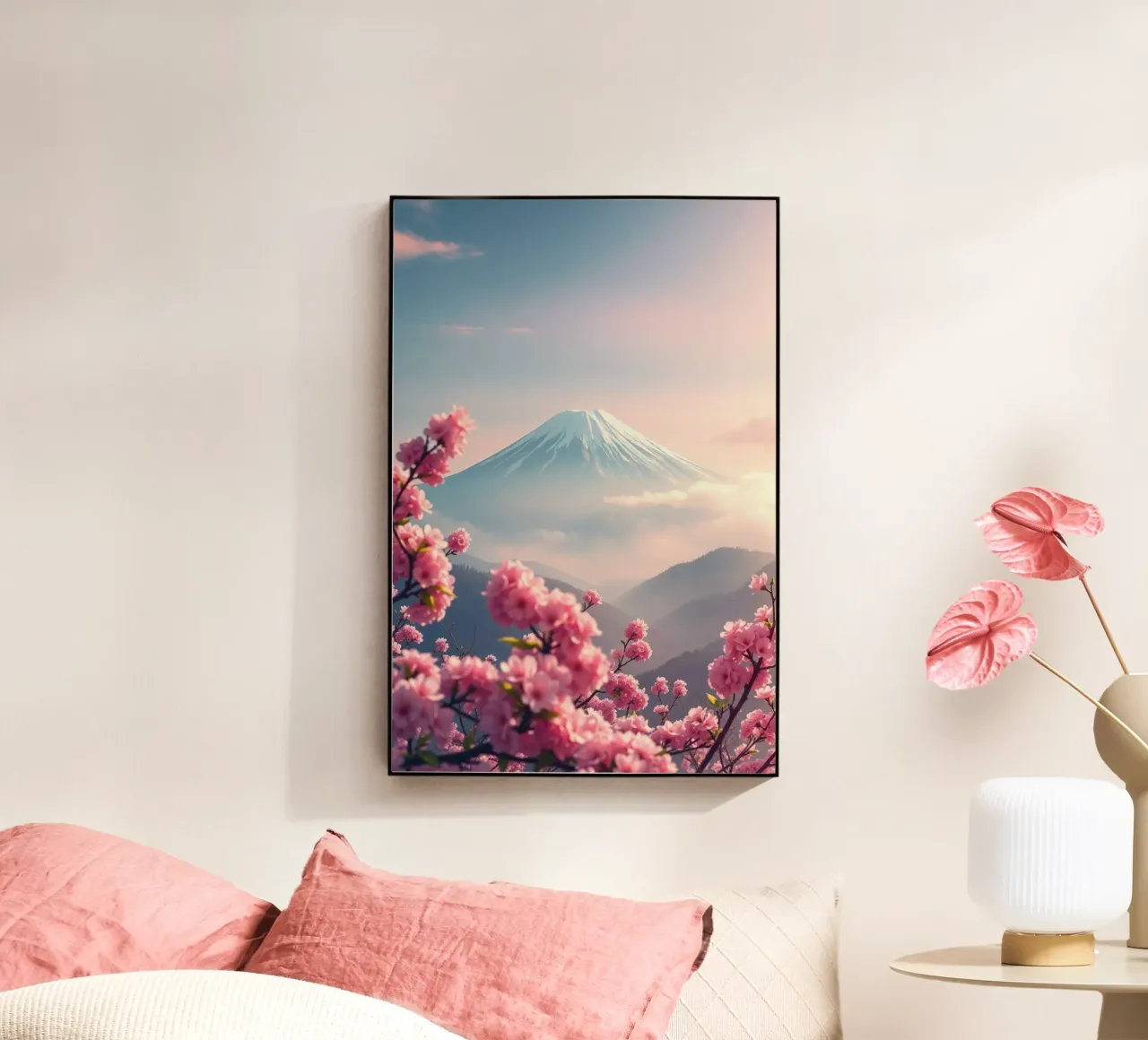 Il Monte Fuji in Giappone con i ciliegi in fiore plexiglass da RB-Digital-Paintings