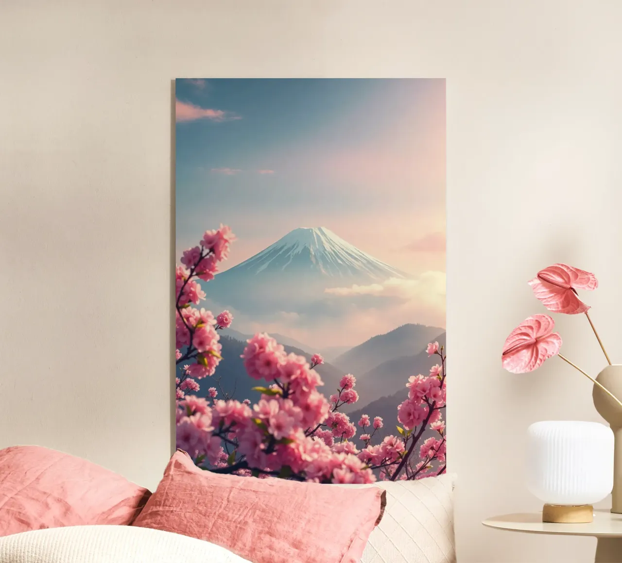 Il Monte Fuji in Giappone con i ciliegi in fiore plexiglass da RB-Digital-Paintings