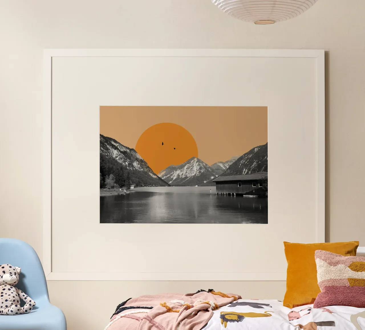 Collage di tramonti sul lago di montagna poster con telaio in legno da collage