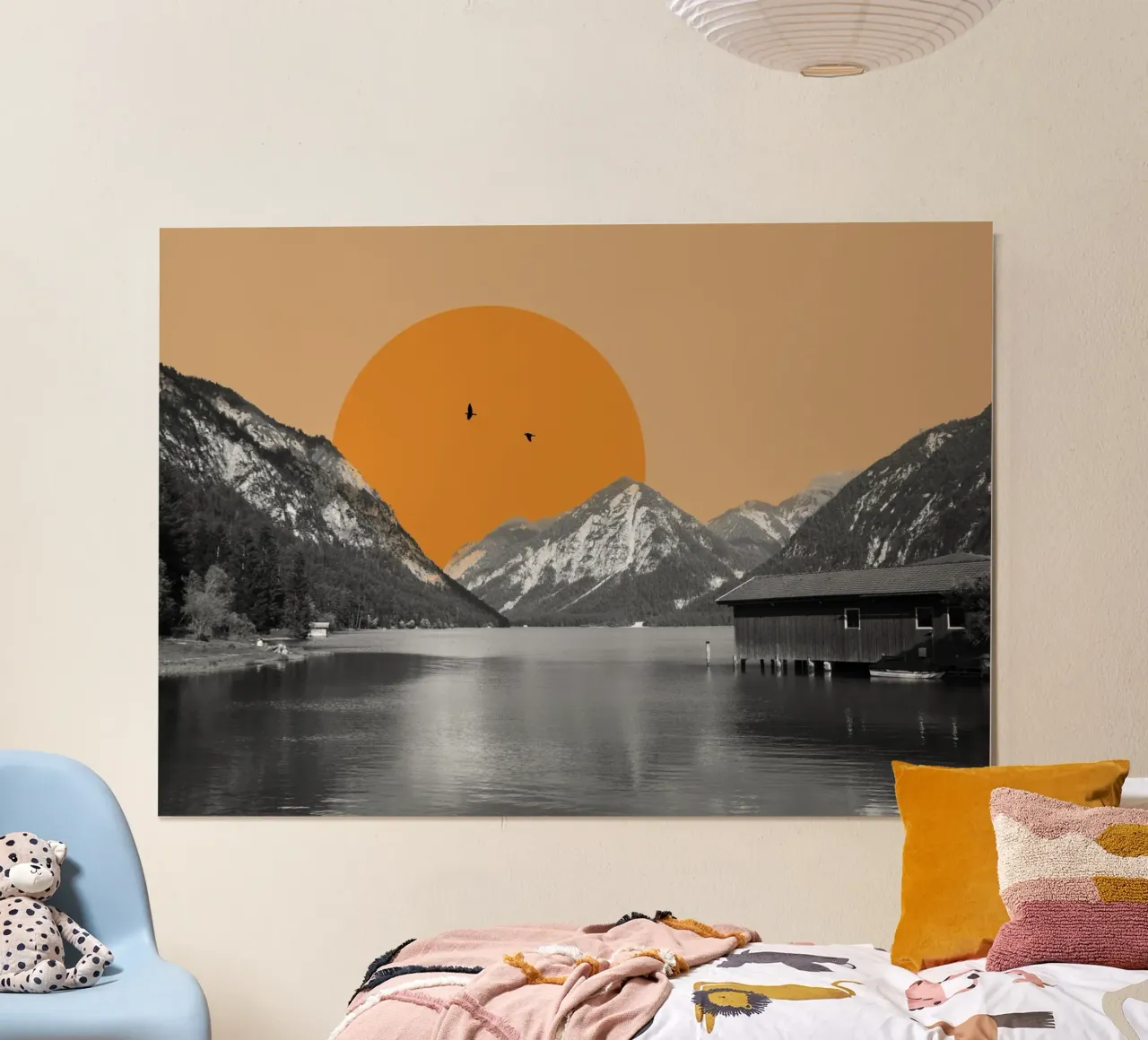 Collage di tramonti sul lago di montagna poster con telaio in legno da collage
