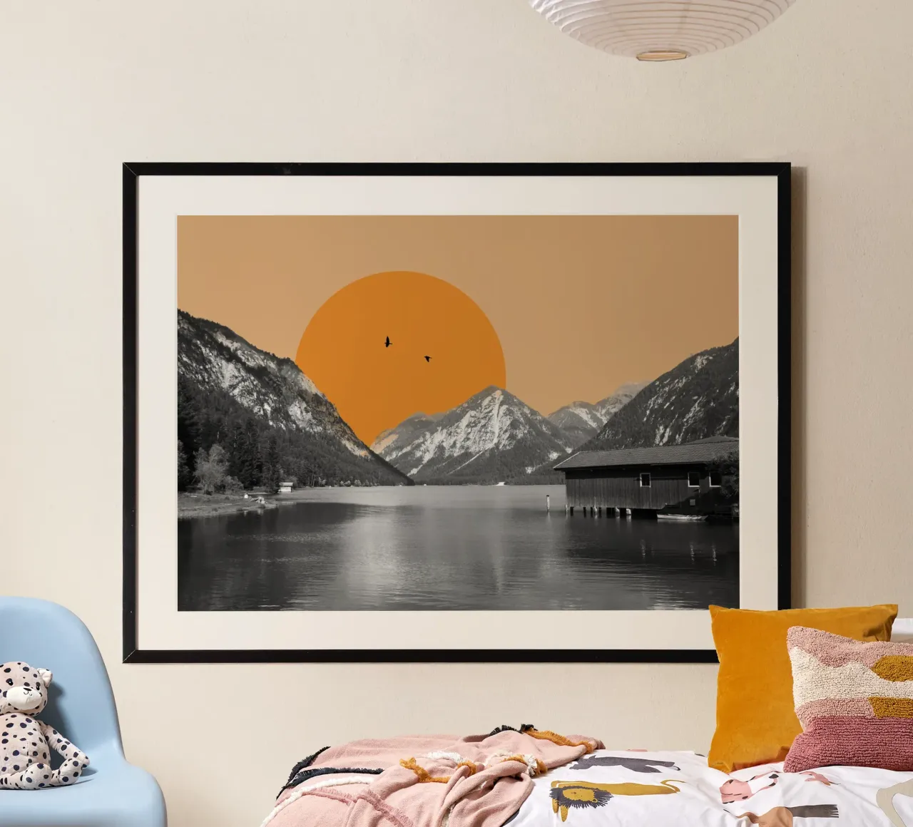 Collage di tramonti sul lago di montagna poster con telaio in legno da collage