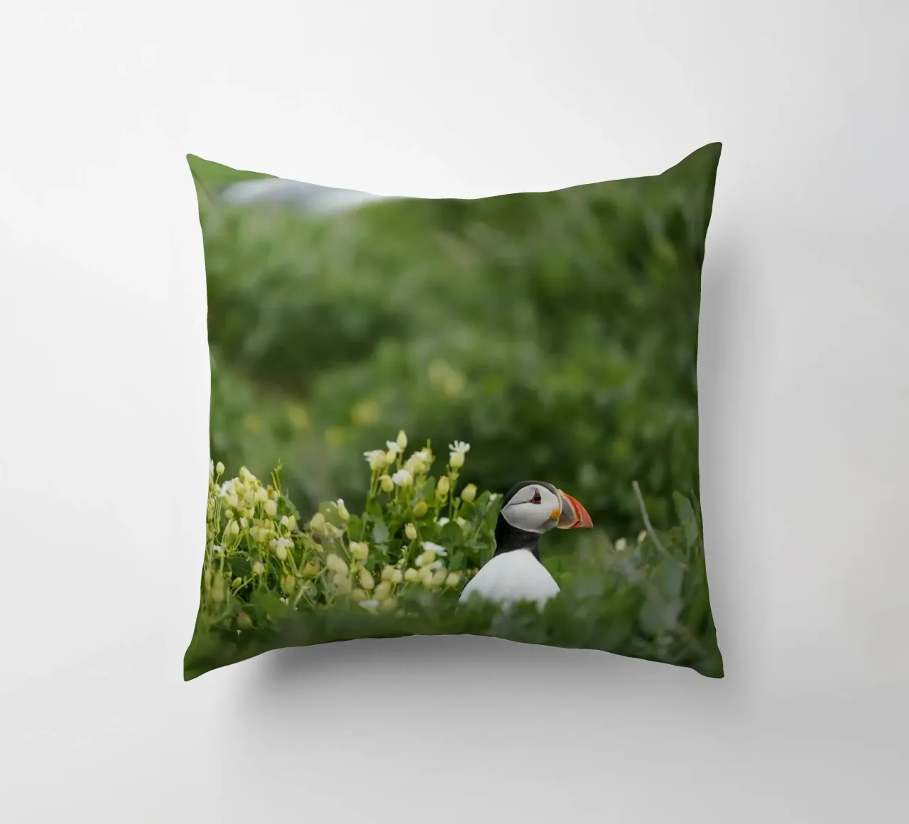 Pulcinella di mare nei campi di fiori cuscino da Tom's Wildlife