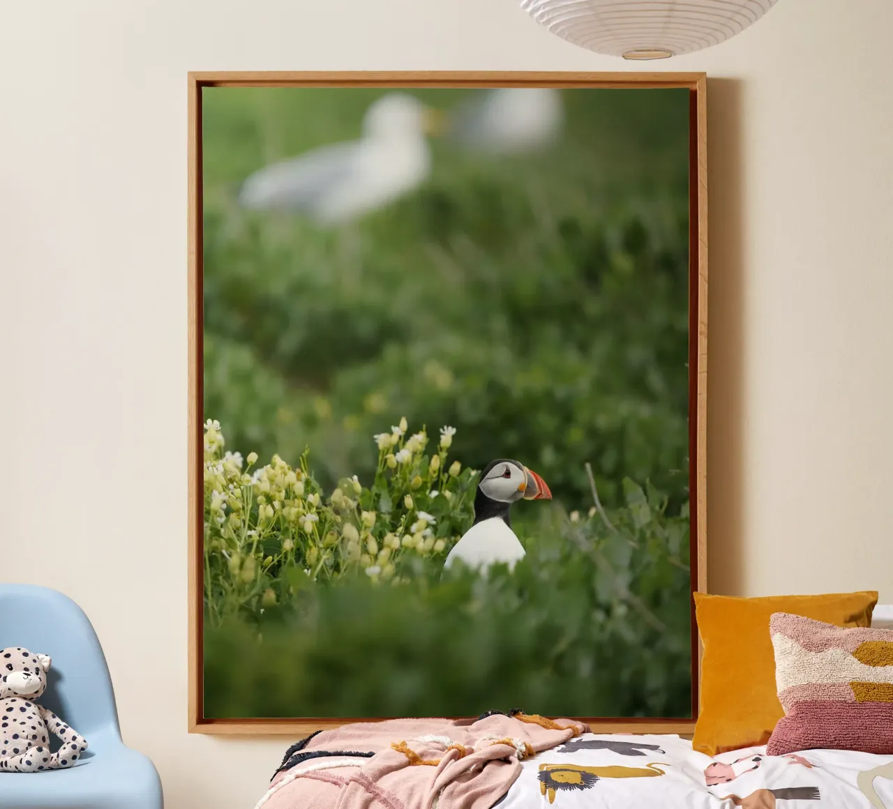 Puffin in flower fields canvas by Tom's Wildlife
