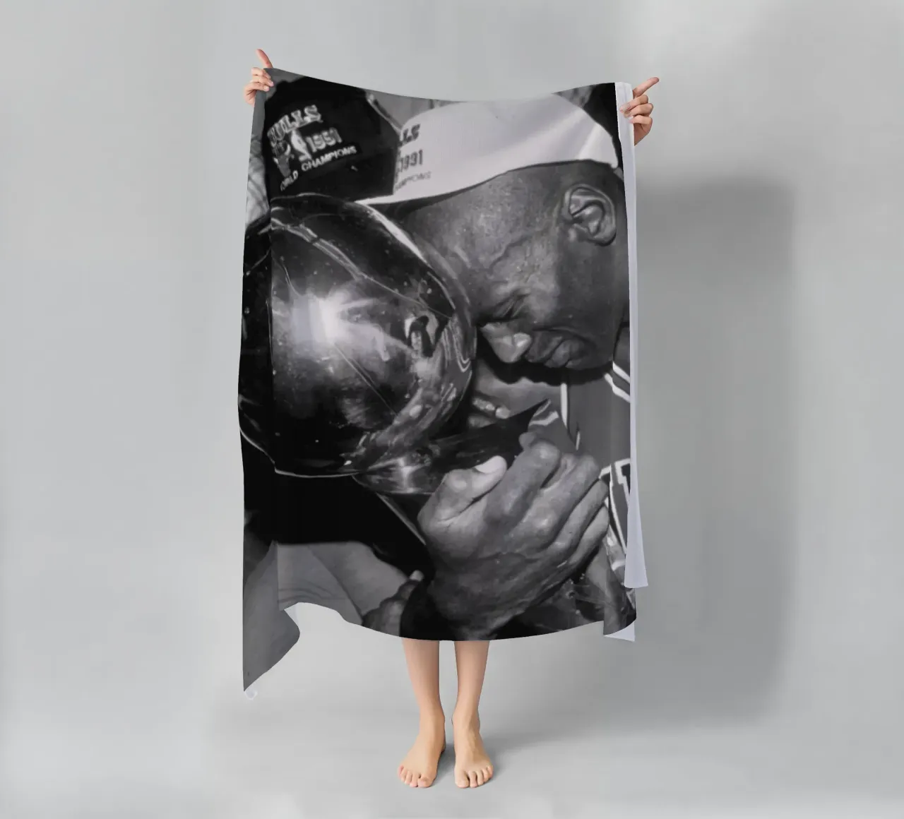 Jordan Hugs the Cup BW beach towel by FAKE ARTWORK STORE