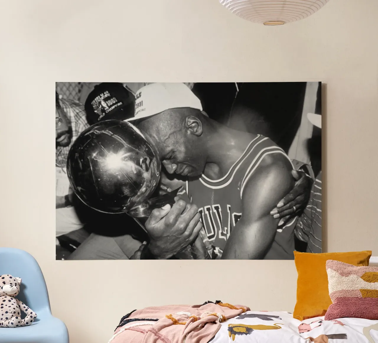 Jordan Hugs the Cup BW canvas by FAKE ARTWORK STORE