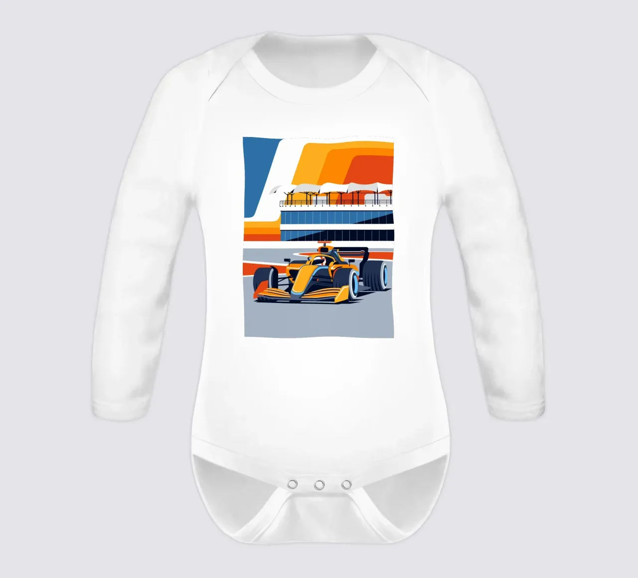 British Formula Racing long-sleeve baby romper by Mariel Toigo