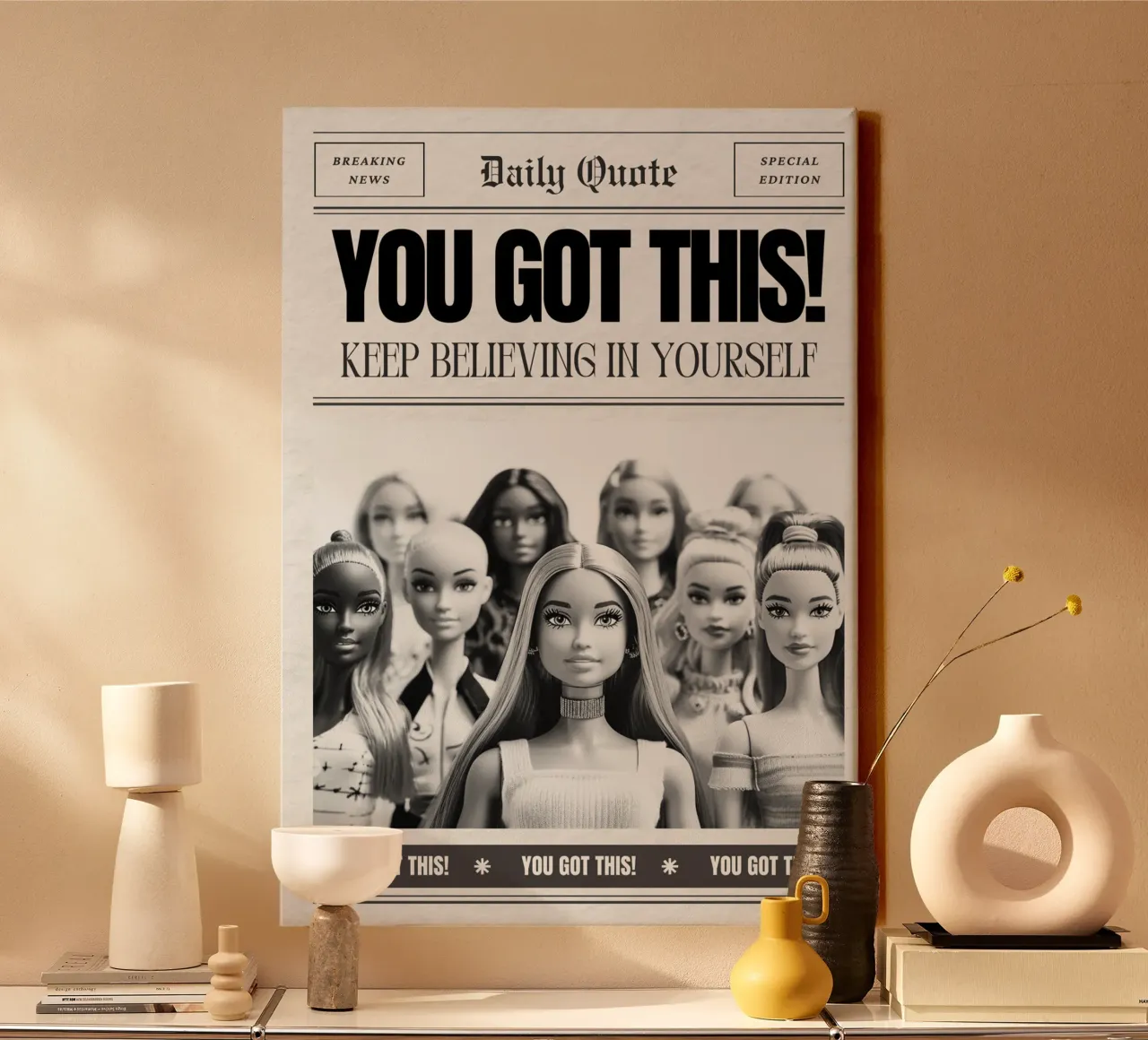 "YOU GOT THIS!" Barbie Empowerment Newspaper Print canvas with Floater frame by NorwesClub