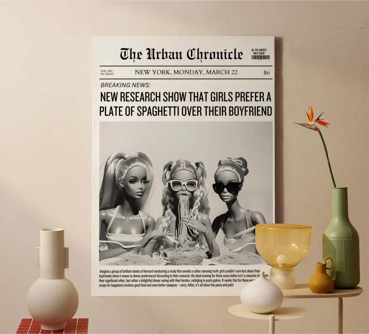 Spaghetti sopra il fidanzato - Barbie News Print tela con Cornice a cassetta da NorwesClub