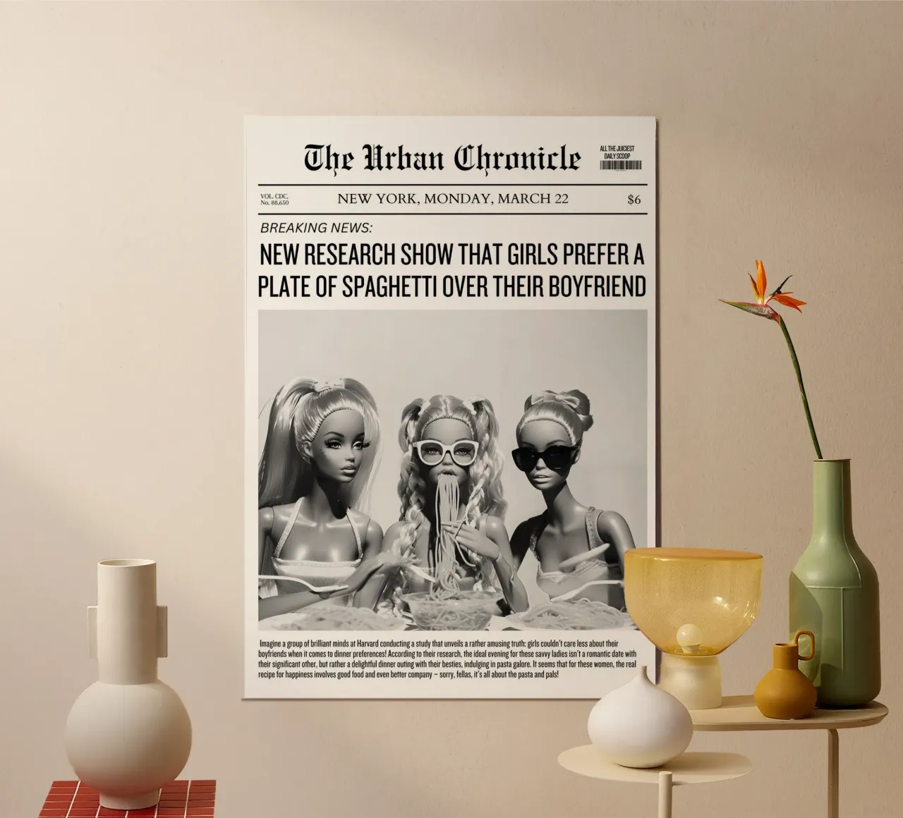 Spaghetti sopra il fidanzato - Barbie News Print poster con telaio in plastica da NorwesClub