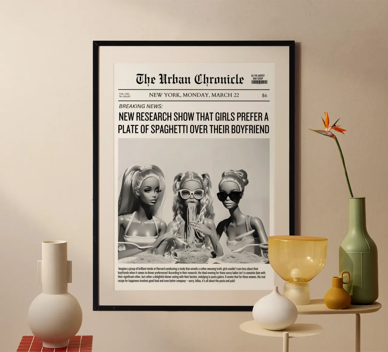 Spaghetti sopra il fidanzato - Barbie News Print poster con telaio in plastica da NorwesClub