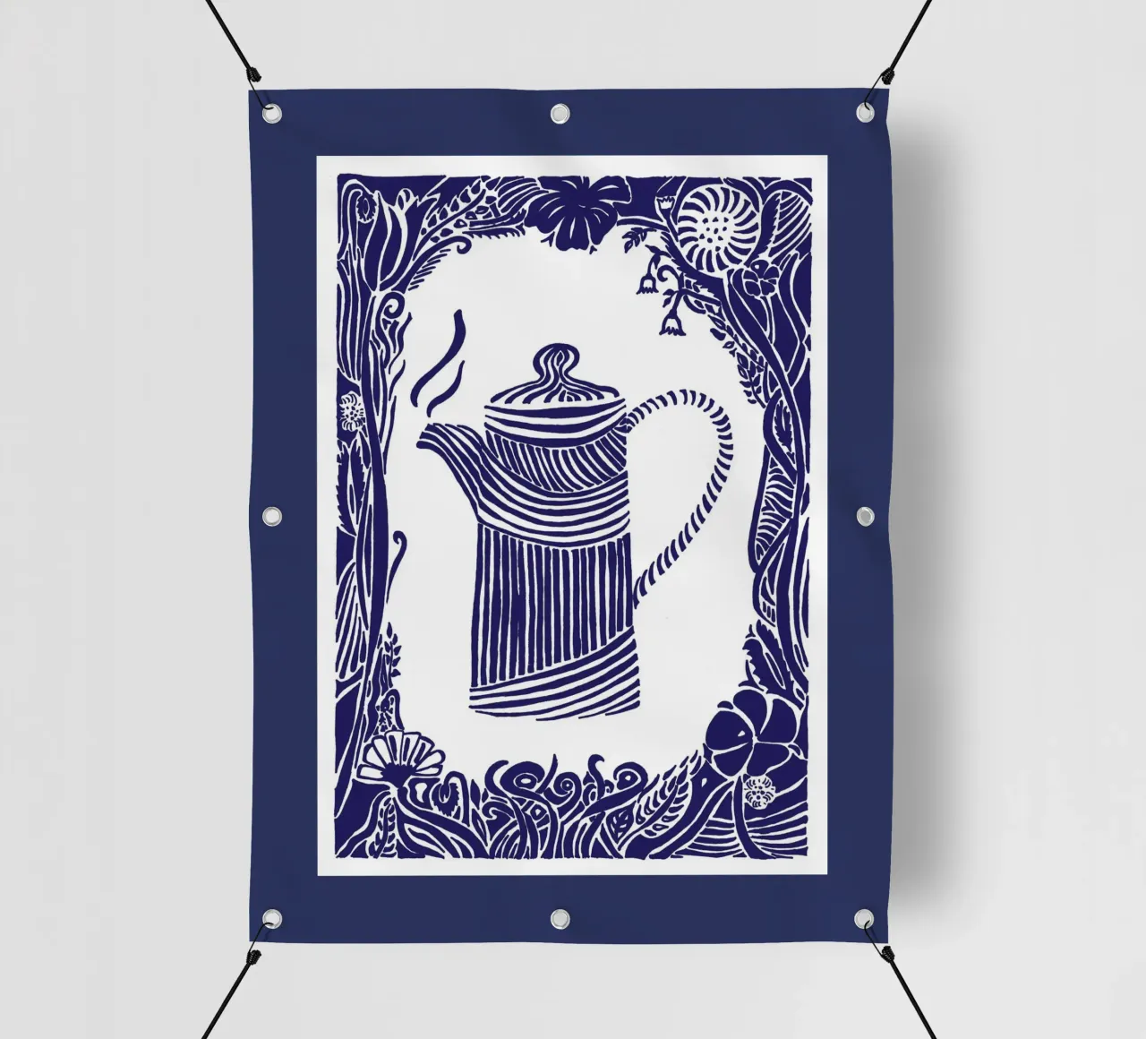 Teiera in silhouette blu scuro su bianco telo in pvc da PaperLine Art
