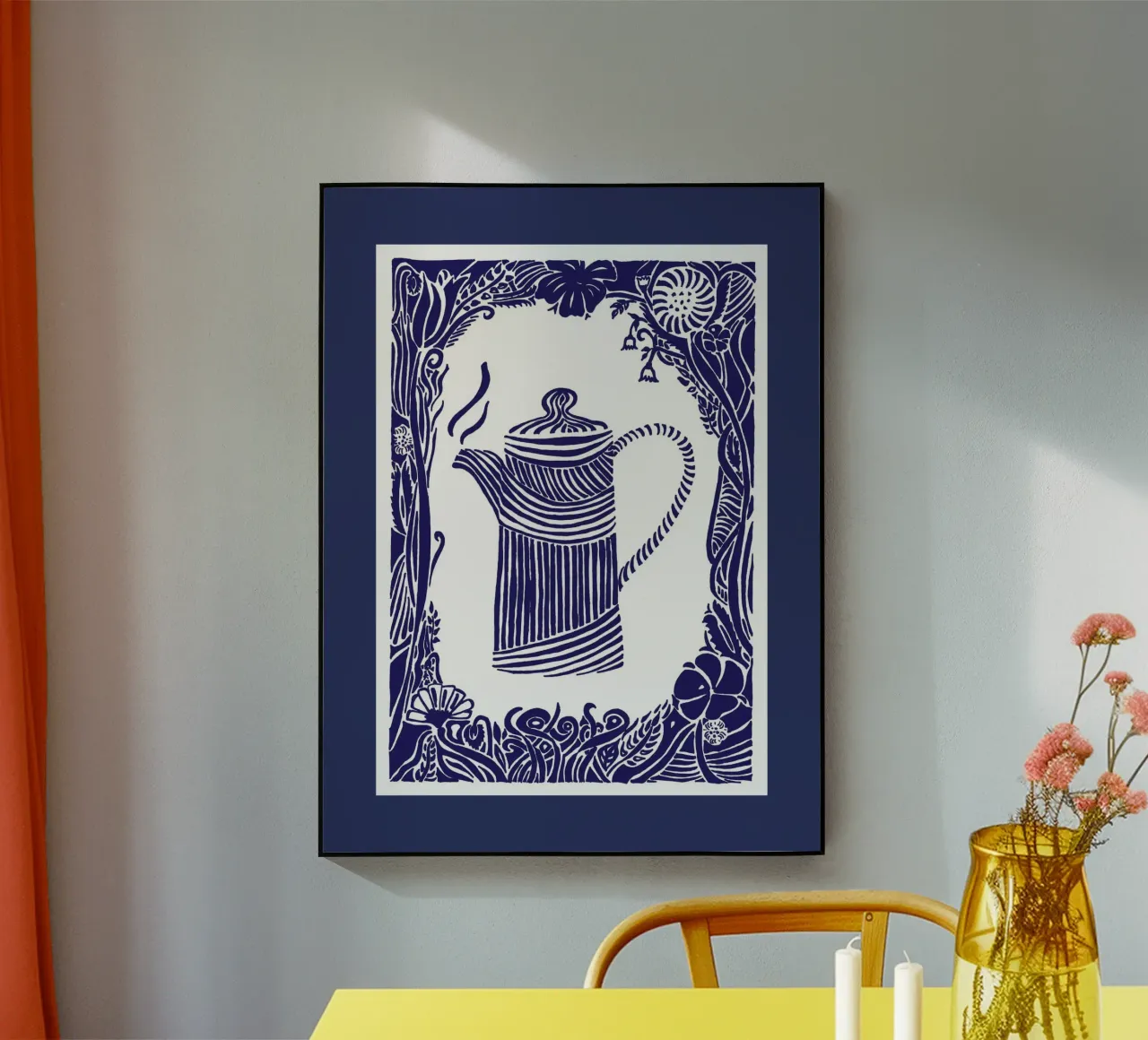 Teapot in silhouette look dark blue on white acrylic glass by PaperLine Art