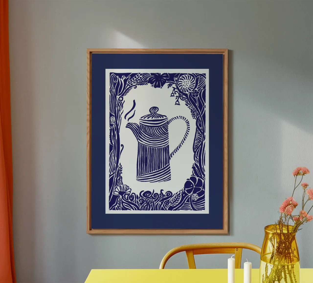 Teapot in silhouette look dark blue on white alu-dibond by PaperLine Art