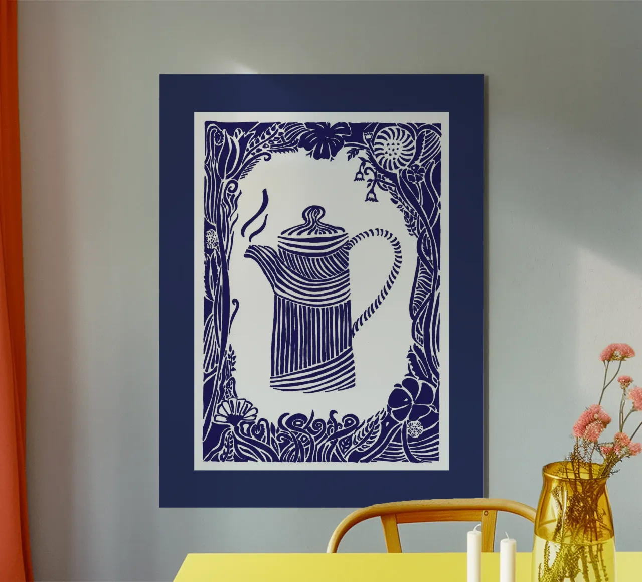 Teapot in silhouette look dark blue on white alu-dibond by PaperLine Art