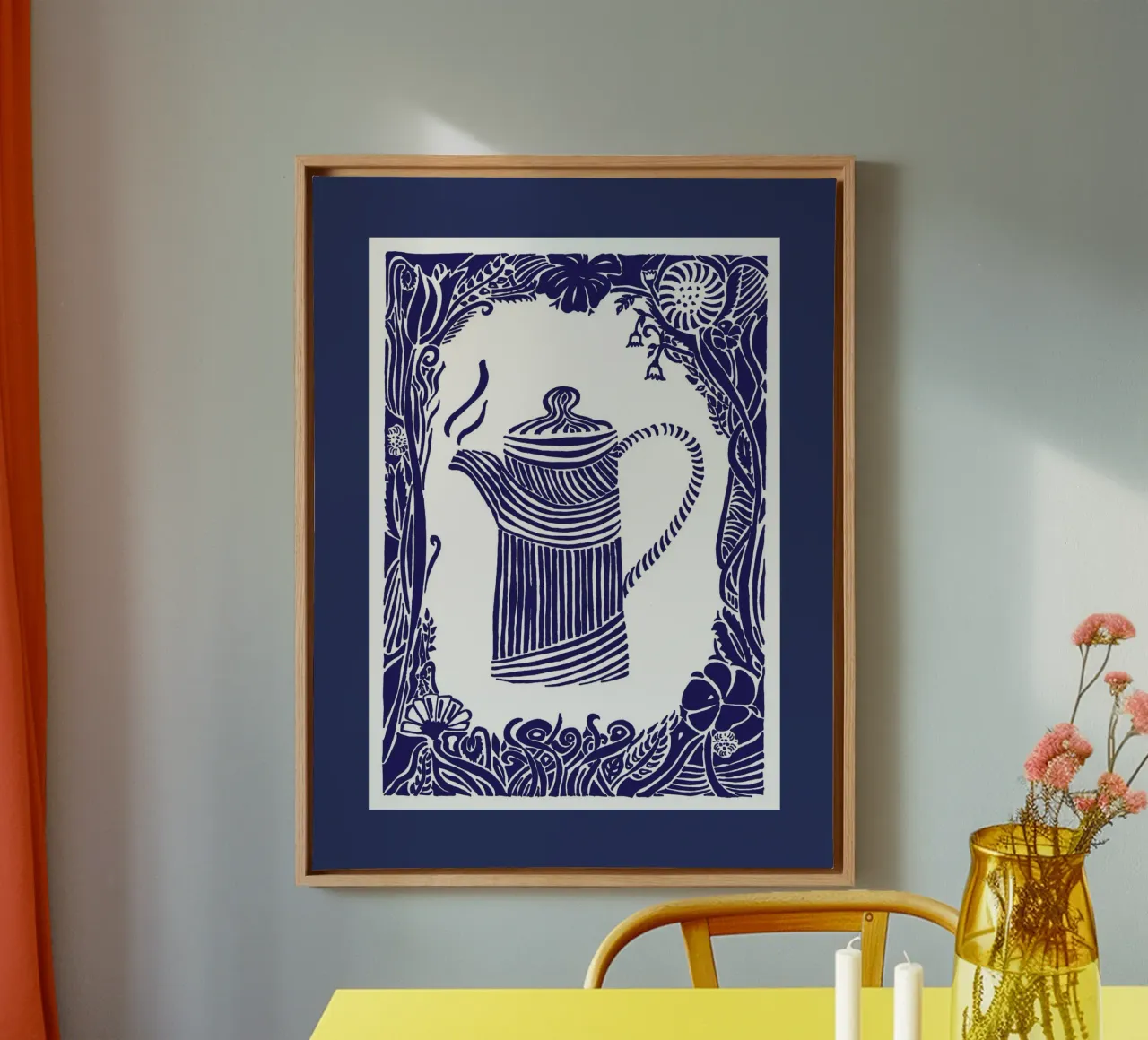 Theepot in silhouet look donkerblauw op wit canvas van PaperLine Art