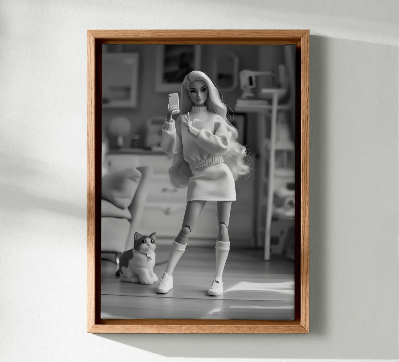 Barbie Selfie with Cat - Monochrome Pop Culture Print canvas with Floater frame by NorwesClub