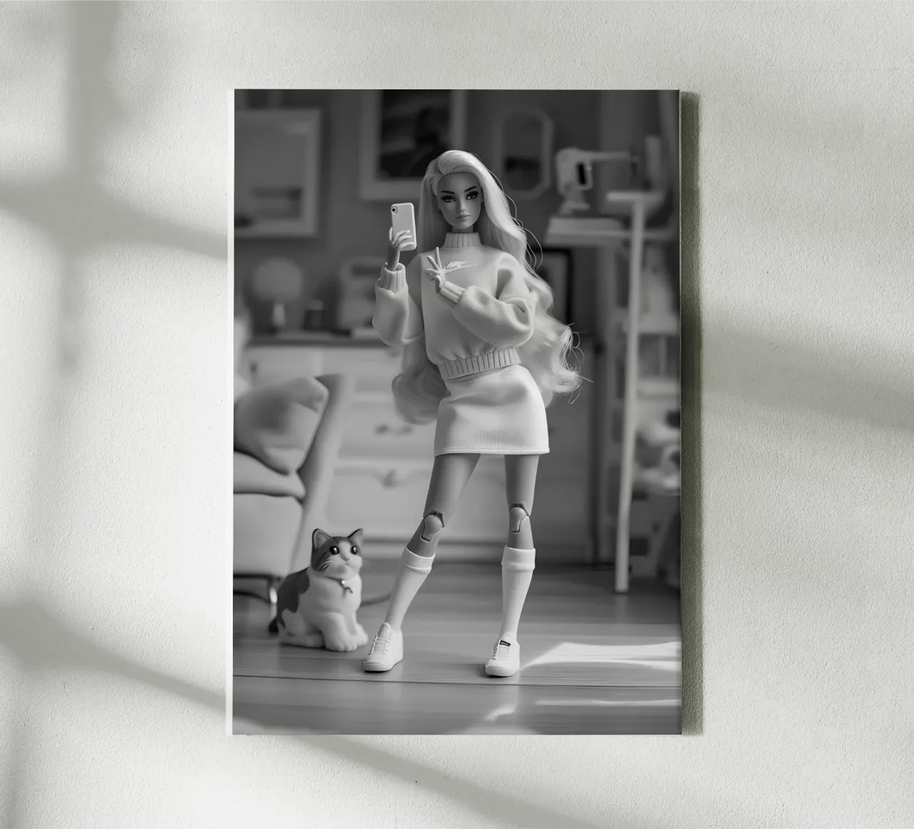Barbie Selfie with Cat - Monochrome Pop Culture Print canvas with Floater frame by NorwesClub