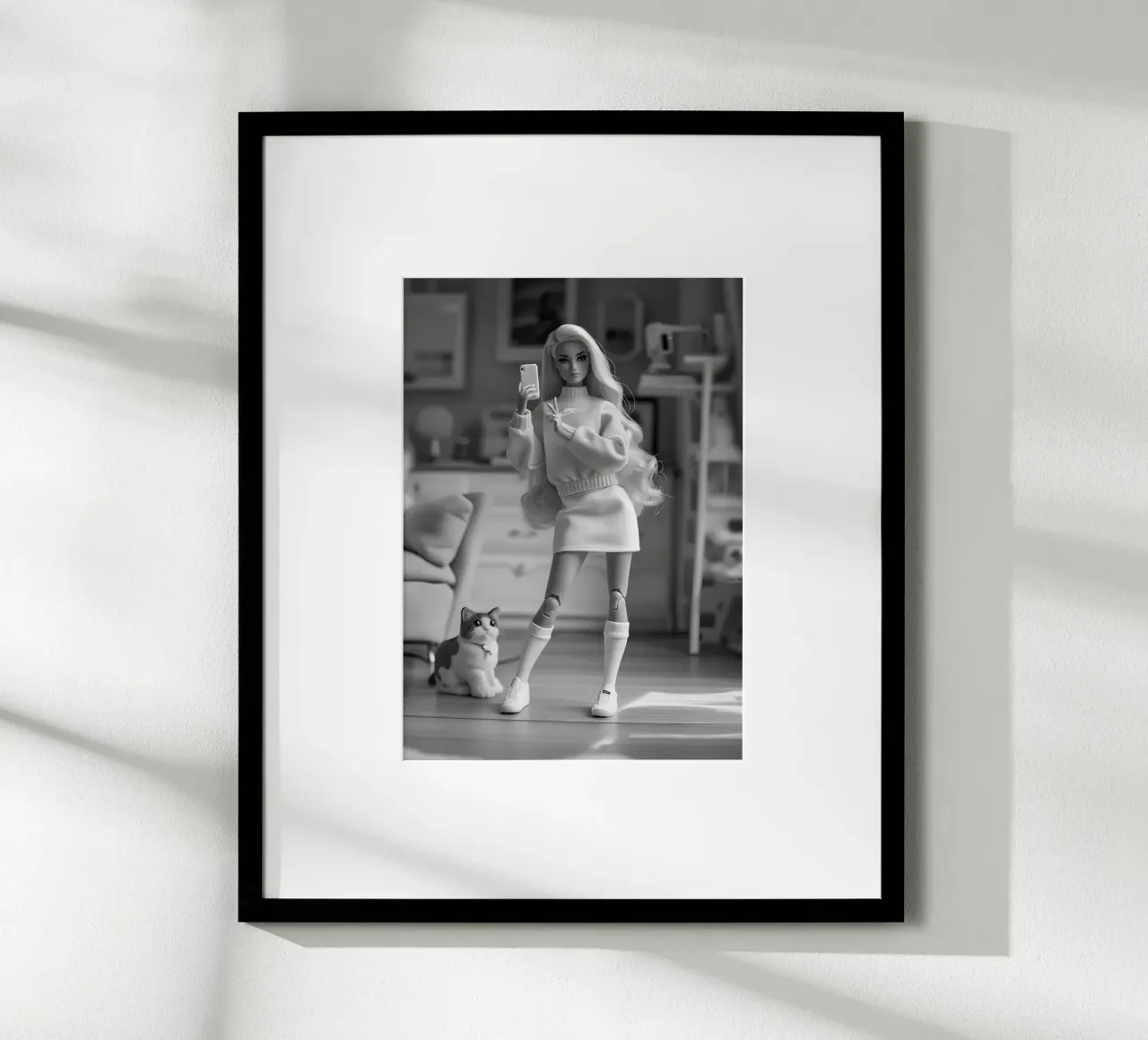 Barbie Selfie con gatto - Stampa monocromatica della cultura pop poster da NorwesClub
