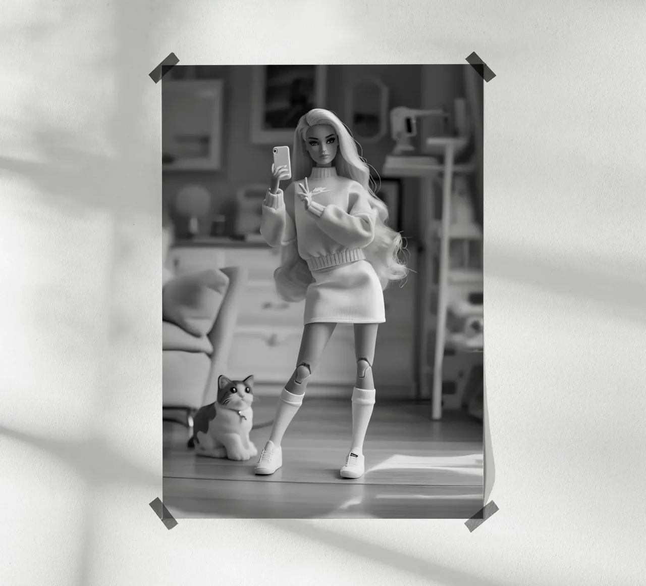 Barbie Selfie con gatto - Stampa monocromatica della cultura pop poster da NorwesClub