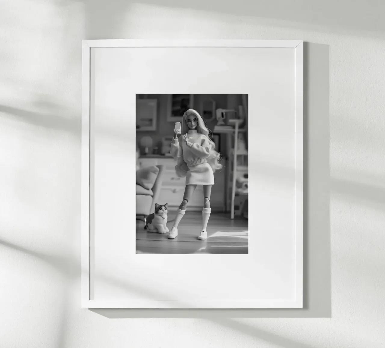 Barbie Selfie con gatto - Stampa monocromatica della cultura pop poster da NorwesClub