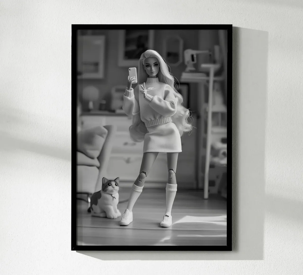 Barbie Selfie con gatto - Stampa monocromatica della cultura pop poster da NorwesClub