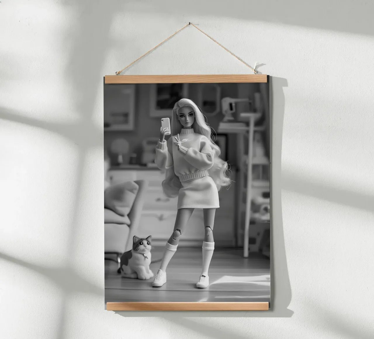 Barbie Selfie con gatto - Stampa monocromatica della cultura pop poster da NorwesClub
