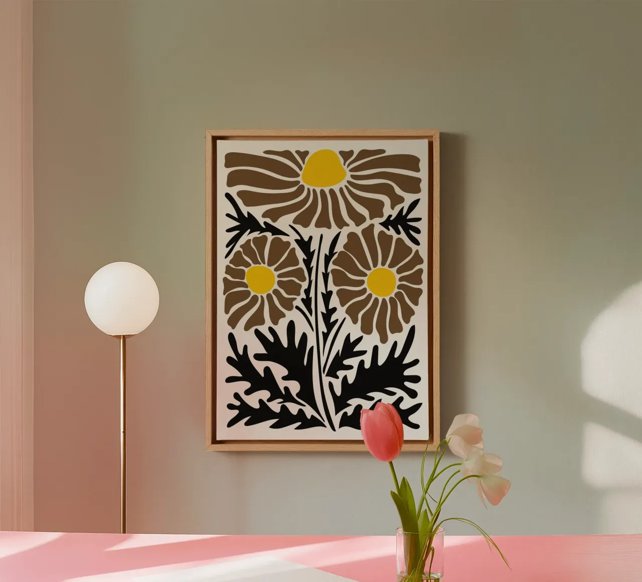 Gewaagde Folk Daisy - Aardse abstracte bloemenprint canvas met Baklijst van NorwesClub