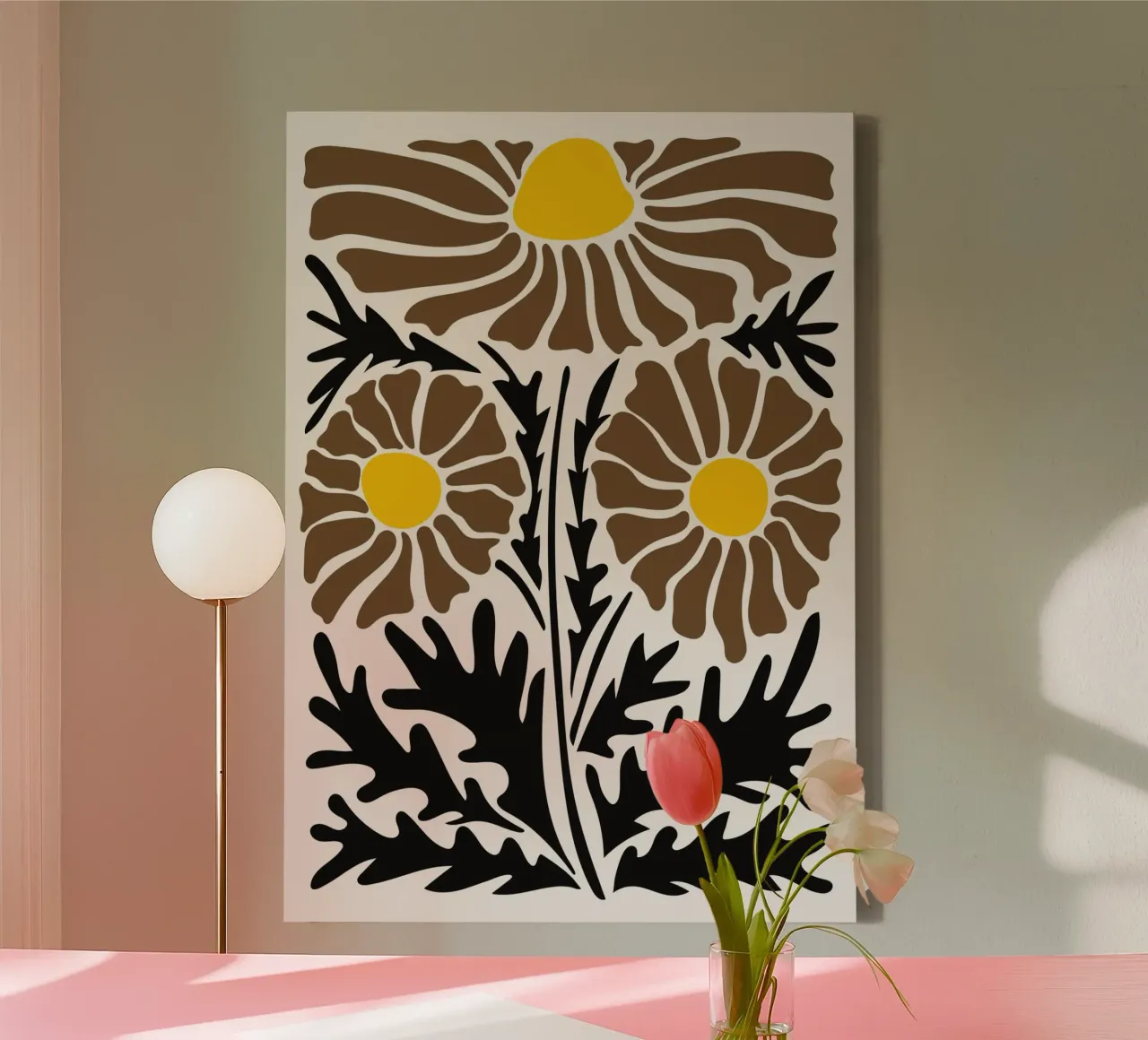 Gewaagde Folk Daisy - Aardse abstracte bloemenprint canvas met Baklijst van NorwesClub