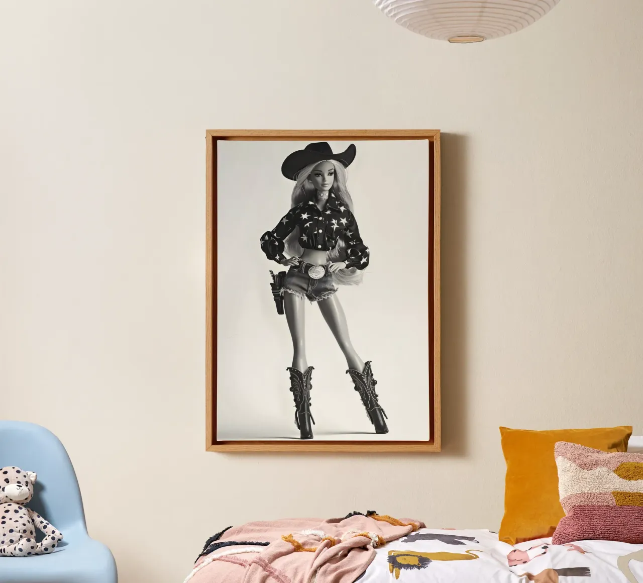 Barbie Vaquera - Estampado monocromo de moda del Oeste lienzo con Marco flotante de NorwesClub