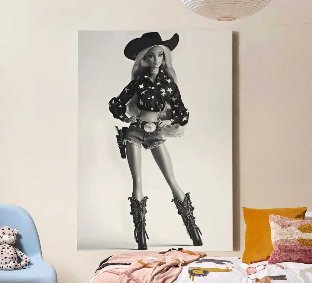 Barbie Vaquera - Estampado monocromo de moda del Oeste lienzo con Marco flotante de NorwesClub