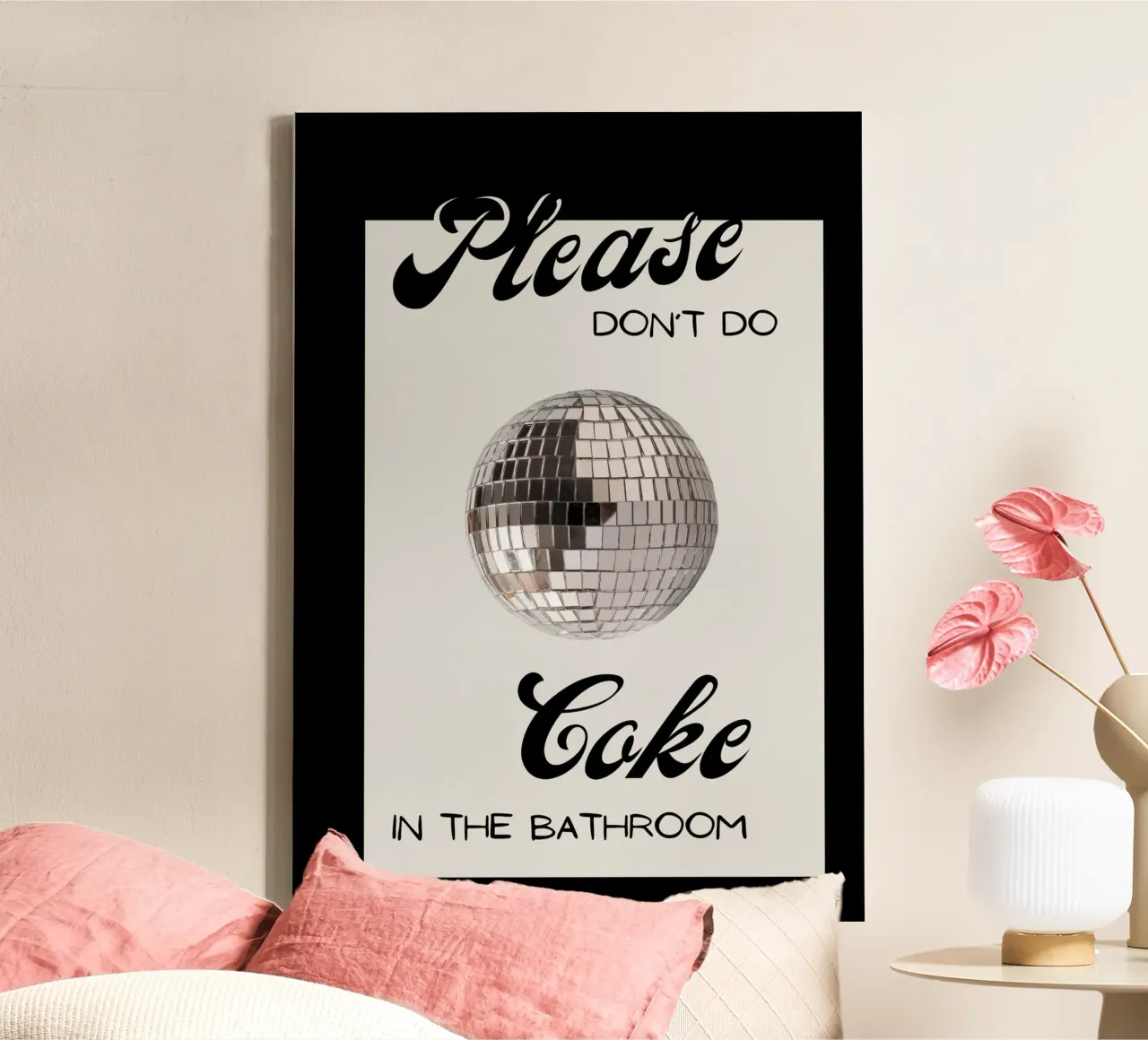 Cartello per il bagno con palla da discoteca "Please Don't Do Coke" (Per favore, non fare uso di Coca-Cola) tela da NorwesClub