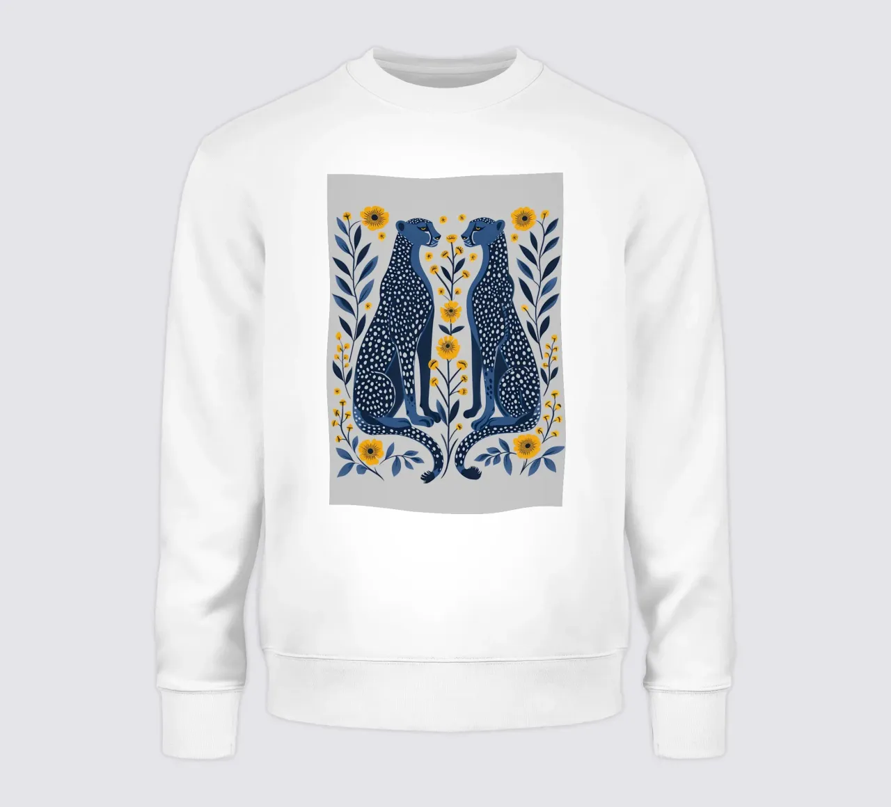 Guepardos índigo y flores de caléndula - Folk Art Print sudadera de NorwesClub