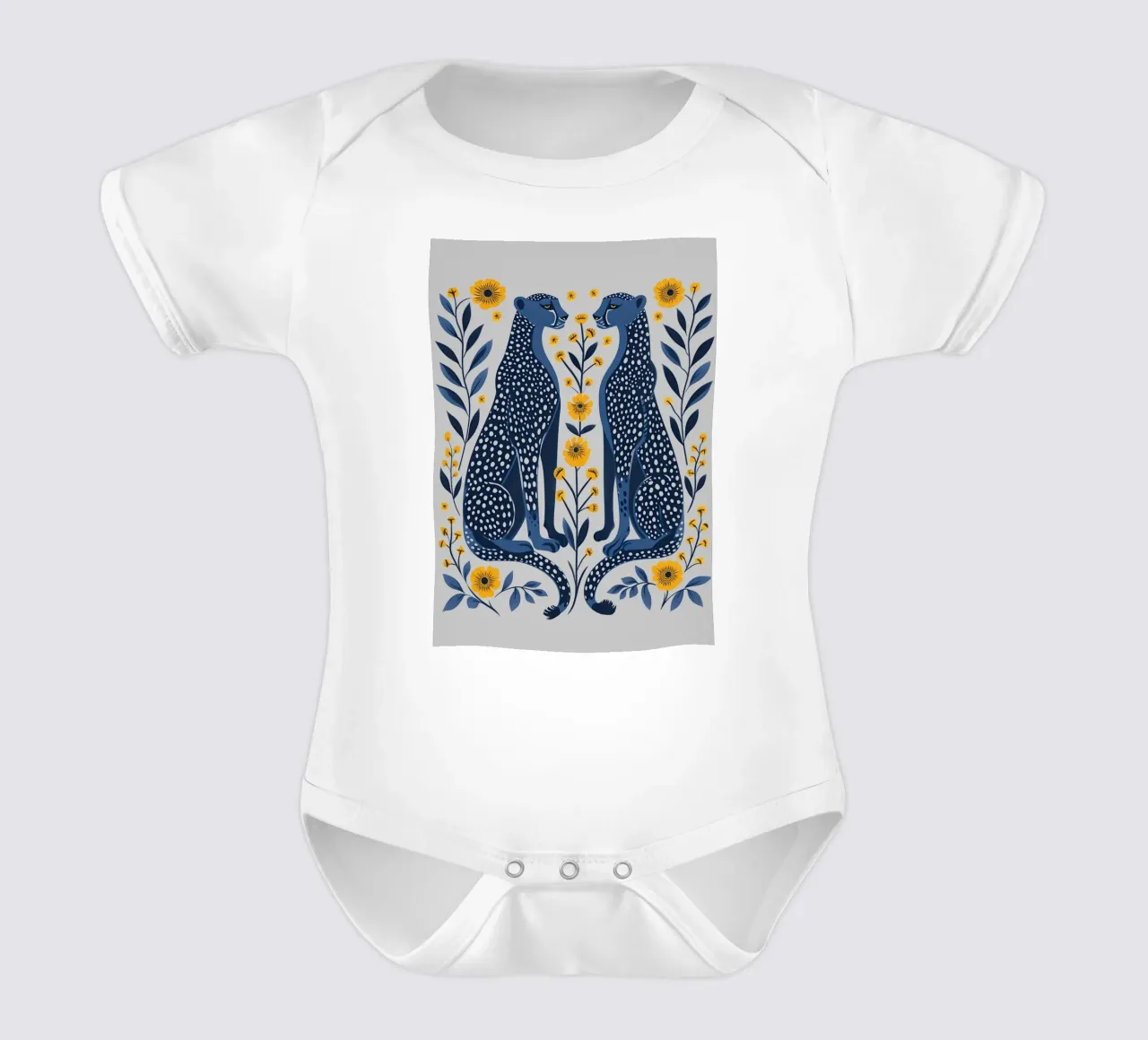 Guepardos índigo y flores de caléndula - Folk Art Print body de bebé de NorwesClub