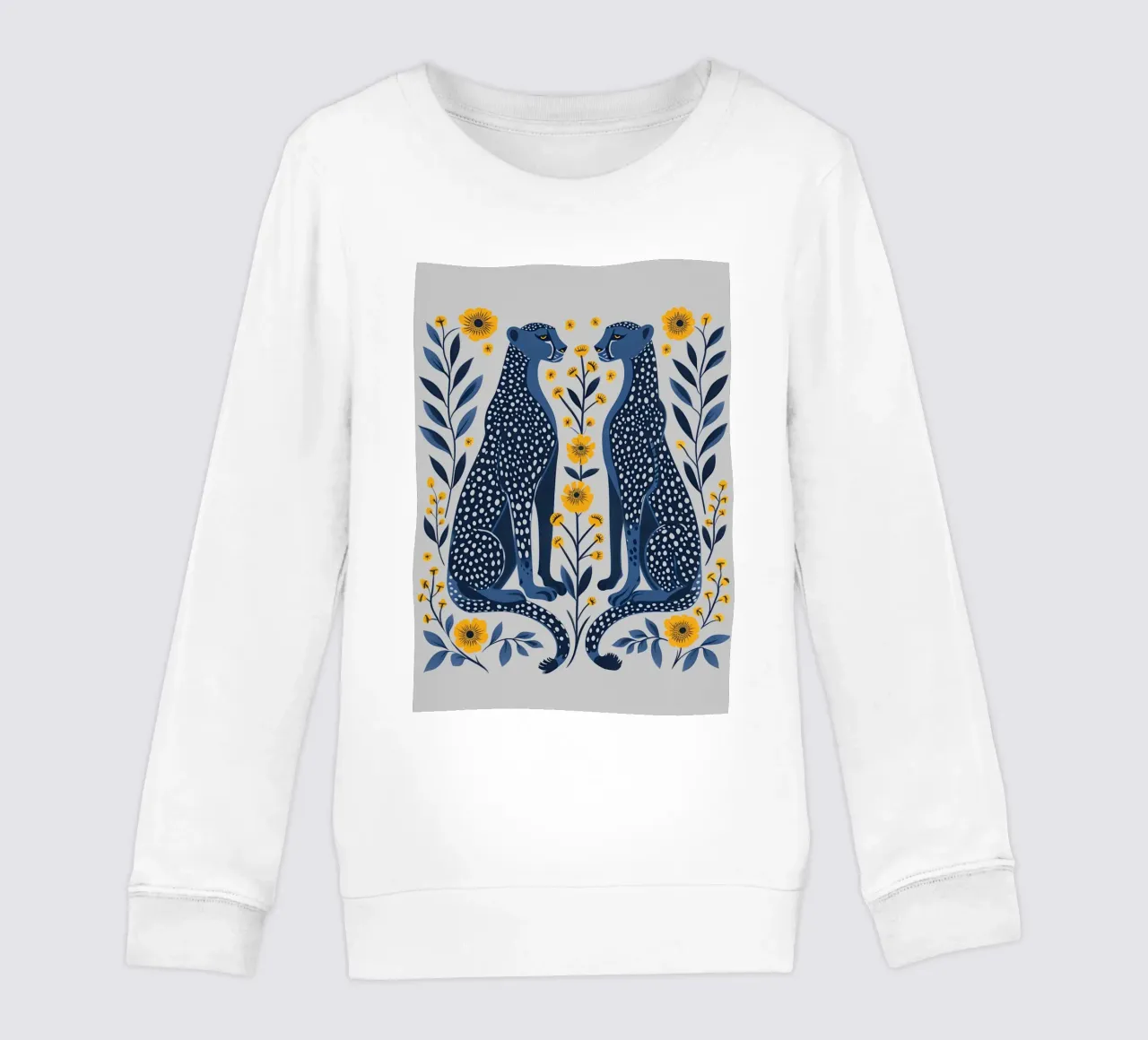 Guepardos índigo y flores de caléndula - Folk Art Print sudadera para niño de NorwesClub