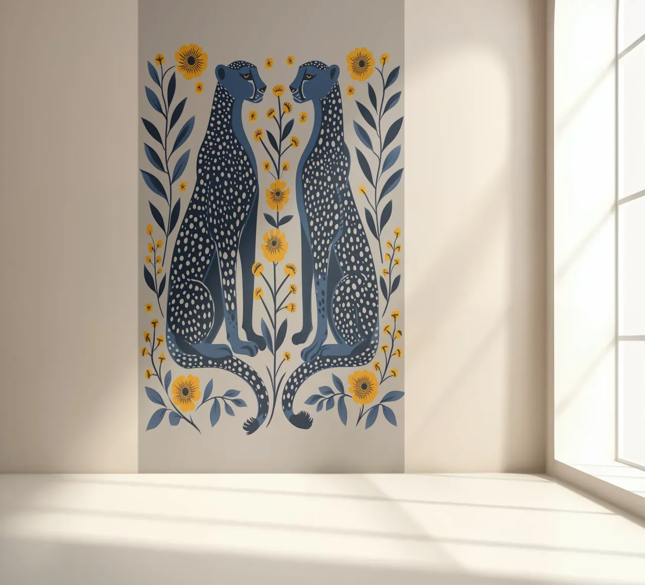 Indigo Cheetahs & Marigold Blooms - Folk Art Print photo wallpaper by NorwesClub