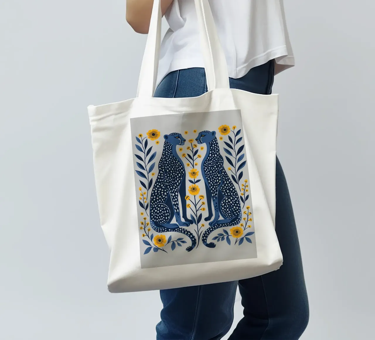 Indigo Cheetahs & Marigold Blooms - Folk Art Print tote bag by NorwesClub