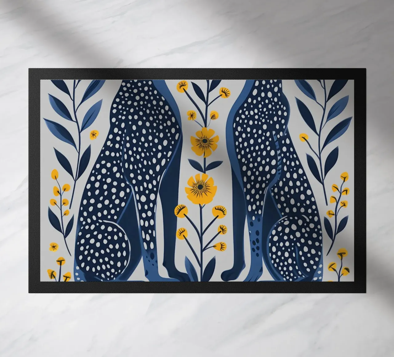 Guepardos índigo y flores de caléndula - Folk Art Print felpudo de NorwesClub