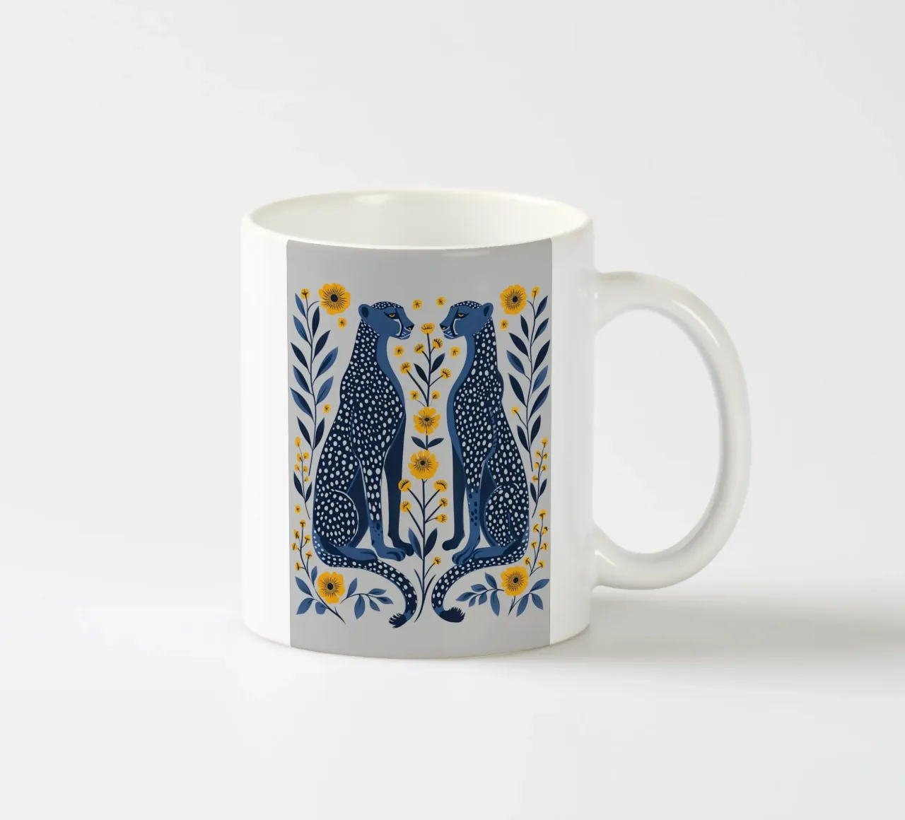 Ghepardi indaco e fiori di calendula - Stampa d'arte popolare tazza in ceramica da NorwesClub