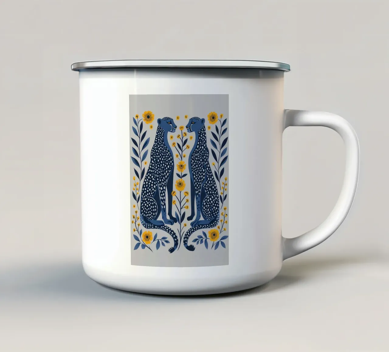 Ghepardi indaco e fiori di calendula - Stampa d'arte popolare tazza in smalto da NorwesClub