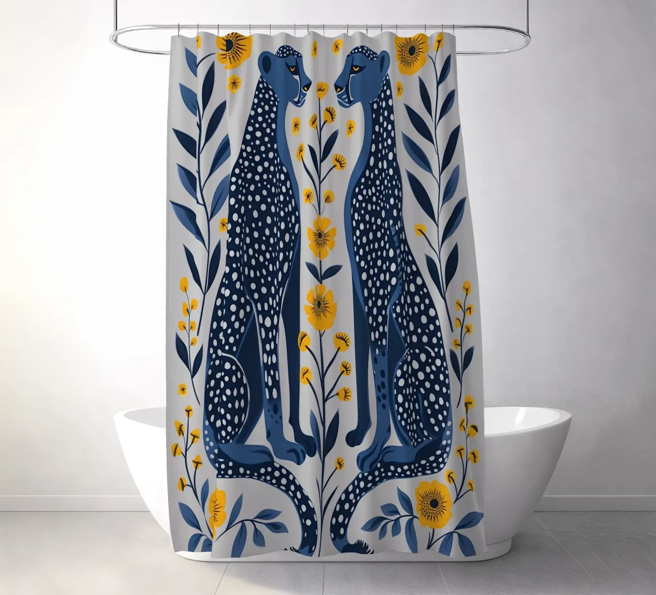 Indigo Cheetahs & Goudsbloemen - Folk Art Print douchegordijn van NorwesClub