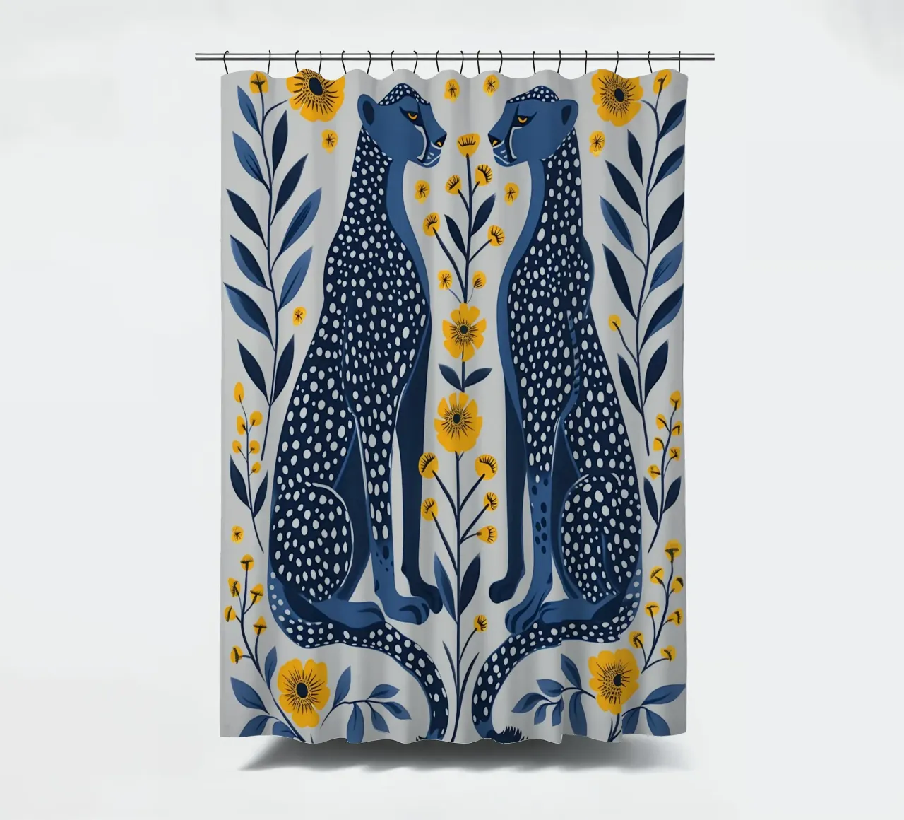Indigo Cheetahs & Goudsbloemen - Folk Art Print douchegordijn van NorwesClub