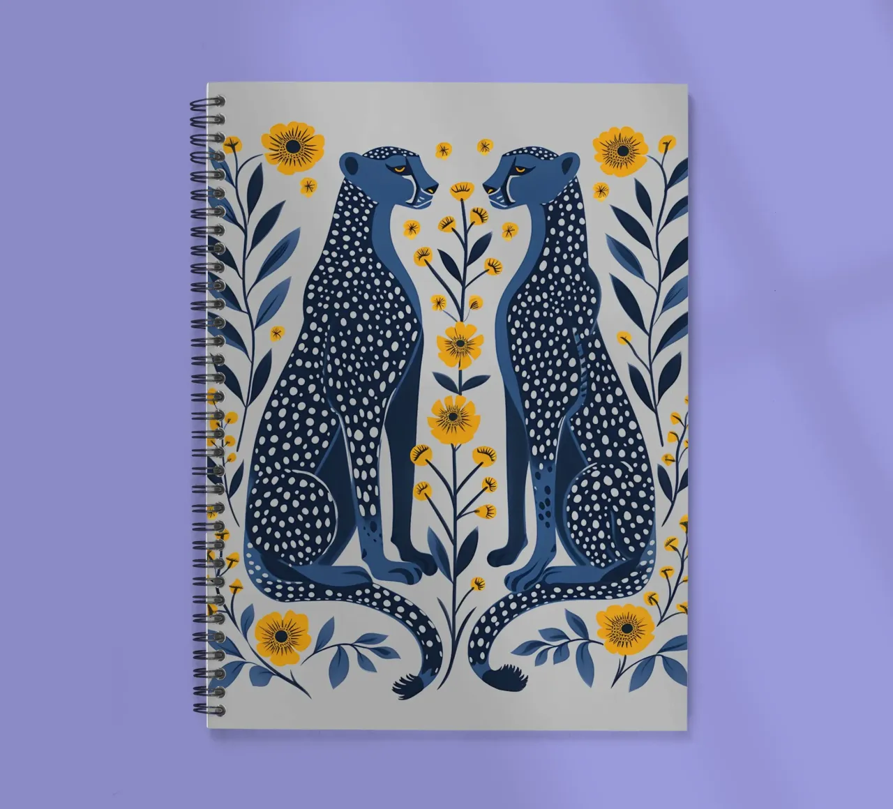 Indigo Cheetahs & Marigold Blooms - Folk Art Print spiral notebook by NorwesClub