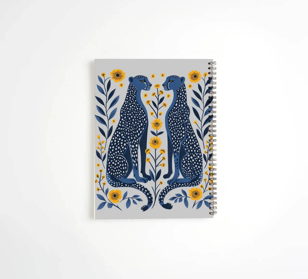 Indigo Cheetahs & Marigold Blooms - Folk Art Print spiral notebook by NorwesClub