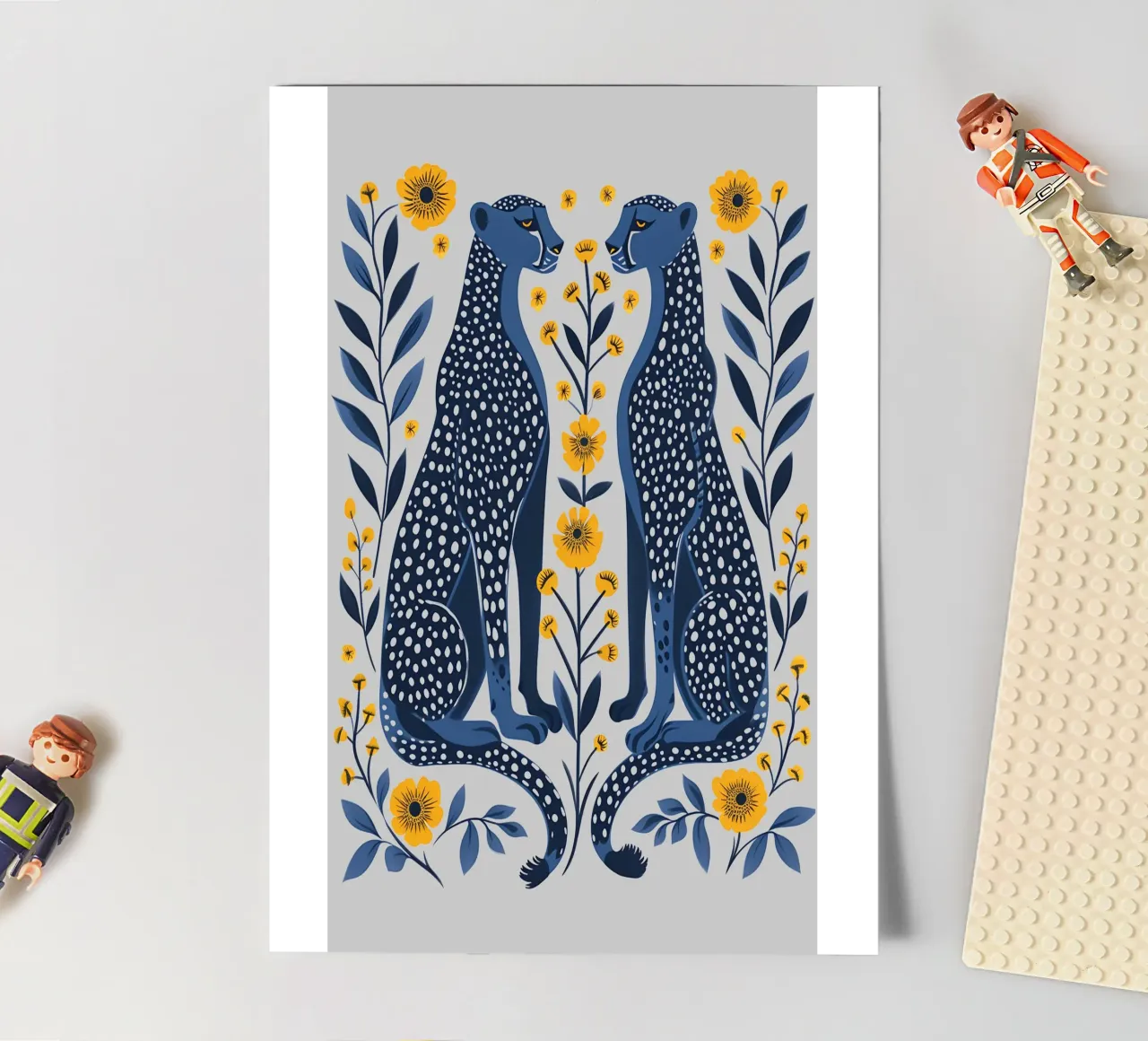 Indigo Geparden & Ringelblumenblüten - Folk Art Print Stickerbogen von NorwesClub